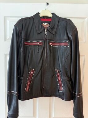 Harley-Davidson Black Leather Jacket with Red Trim and Studs